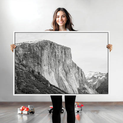 Monochrome canvas of El Capitan’s granite wall in Yosemite with snowy peaks, ideal for dramatic mountain or black-and-white nature decor.