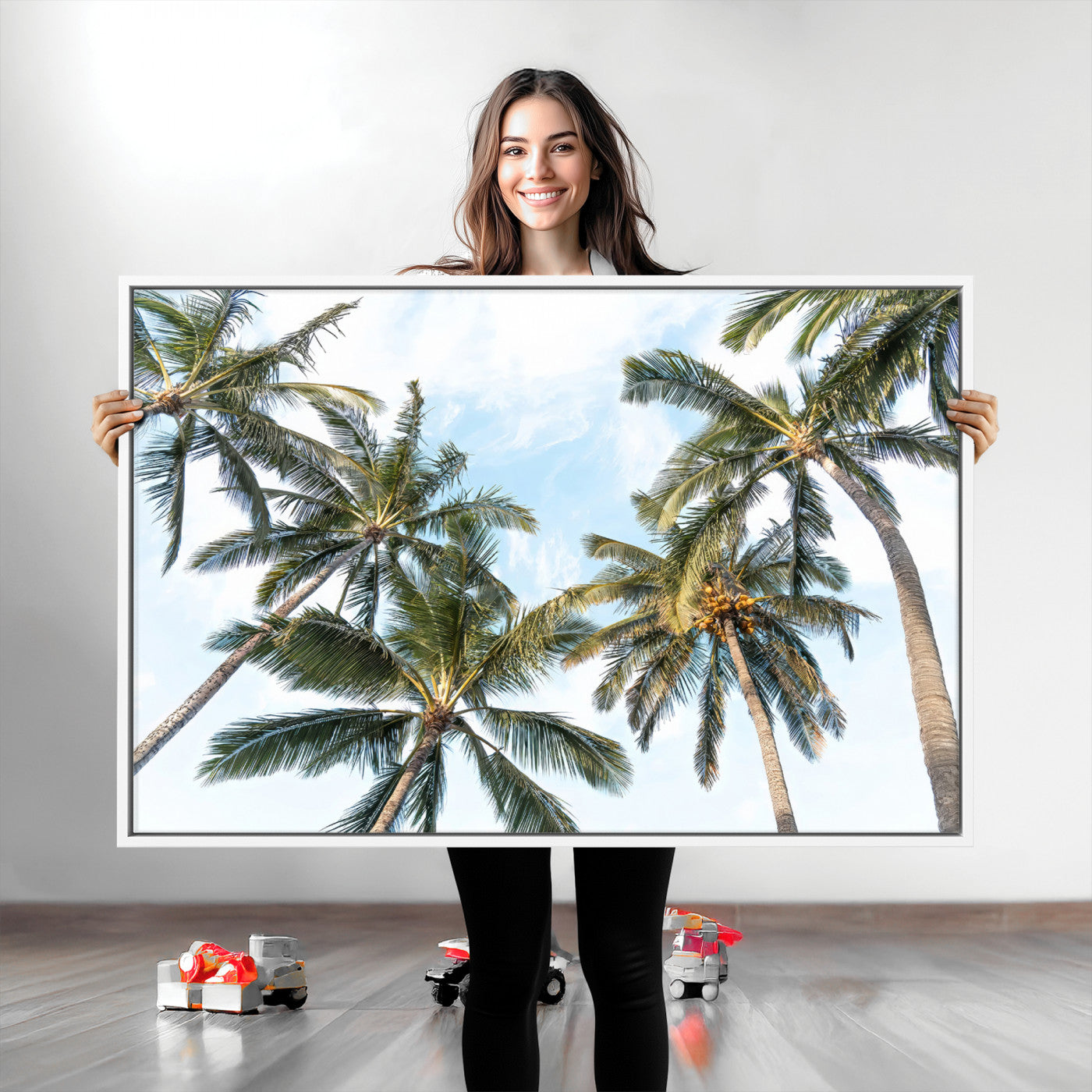 Framed canvas of tall palm trees reaching into a tropical sky, ideal for beach home or relaxed island-inspired wall decor.