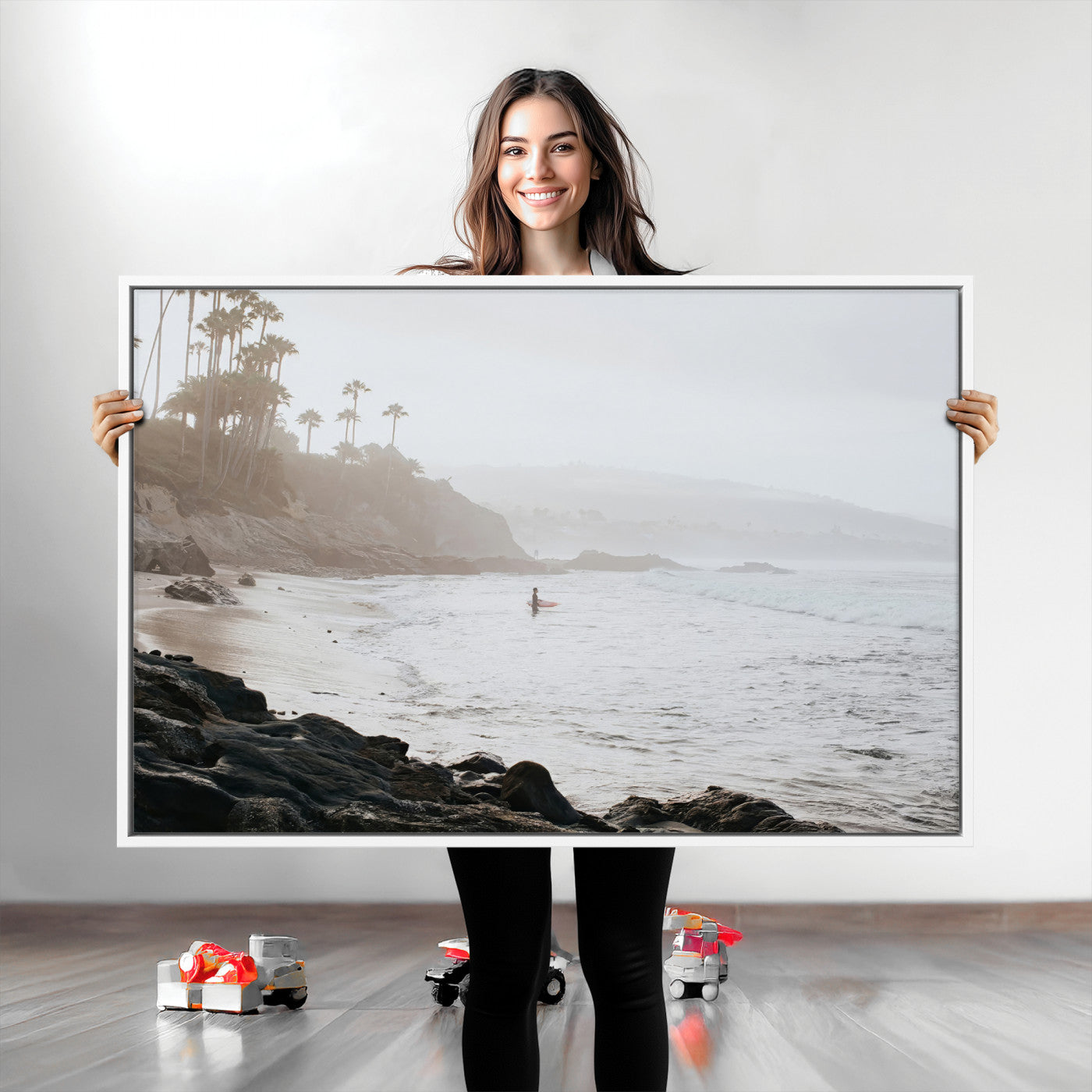 Framed canvas of a surfer in misty coastal tones at a foggy California beach, ideal for minimalist coastal beach or serene ocean-themed decor.