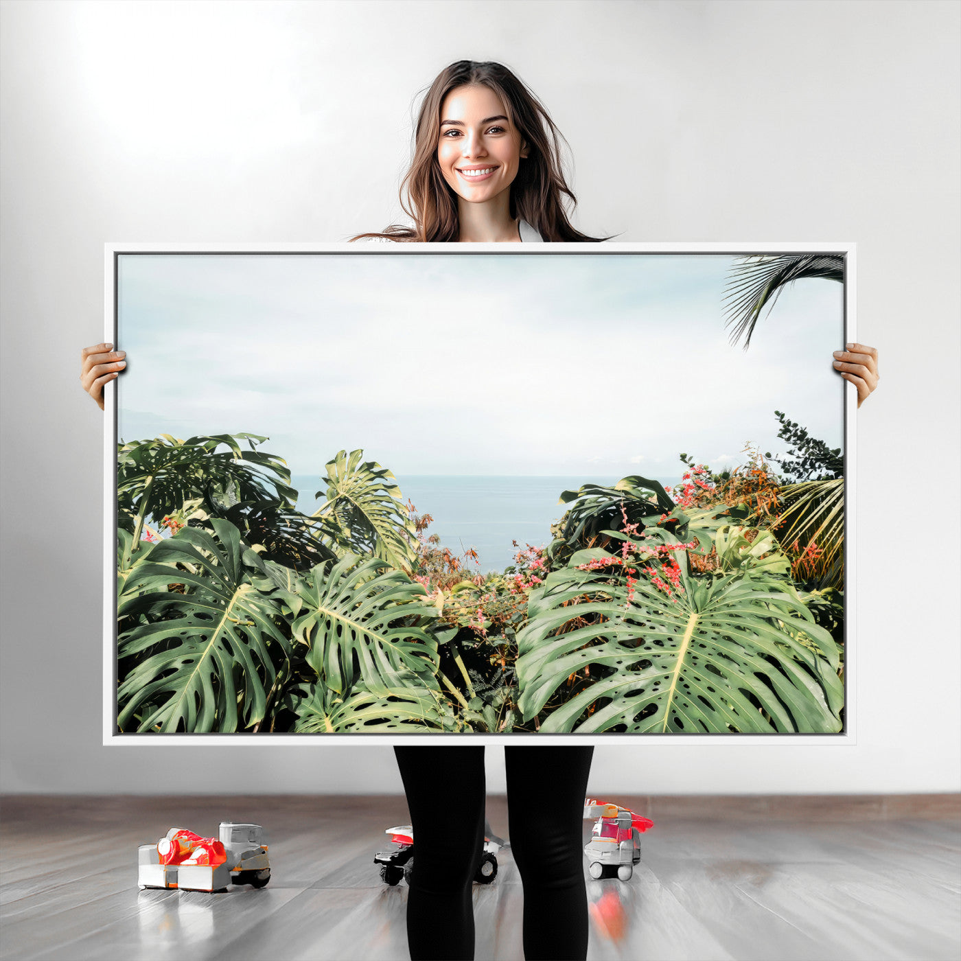 Monstera leaves and tropical flowers framing a calm ocean view, ideal for tropical coastal or exotic jungle-style interior wall decor.