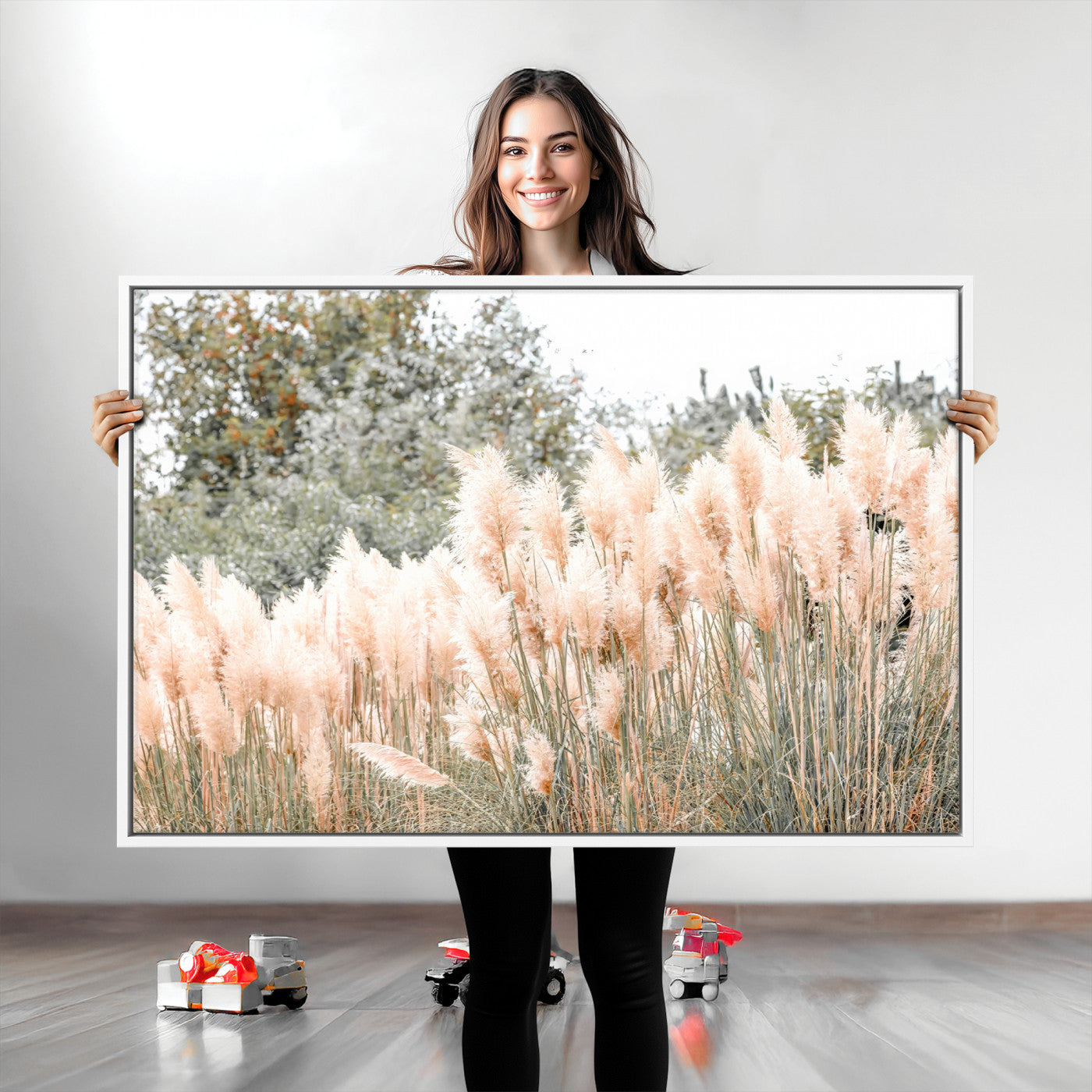 Soft pastel pampas grasses in a natural setting, ideal for neutral boho or rustic botanical-style interior wall decoration.