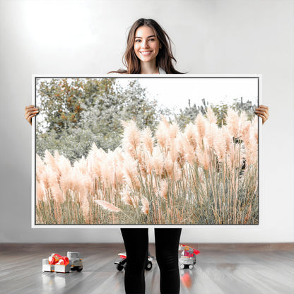 Soft pastel pampas grasses in a natural setting, ideal for neutral boho or rustic botanical-style interior wall decoration.