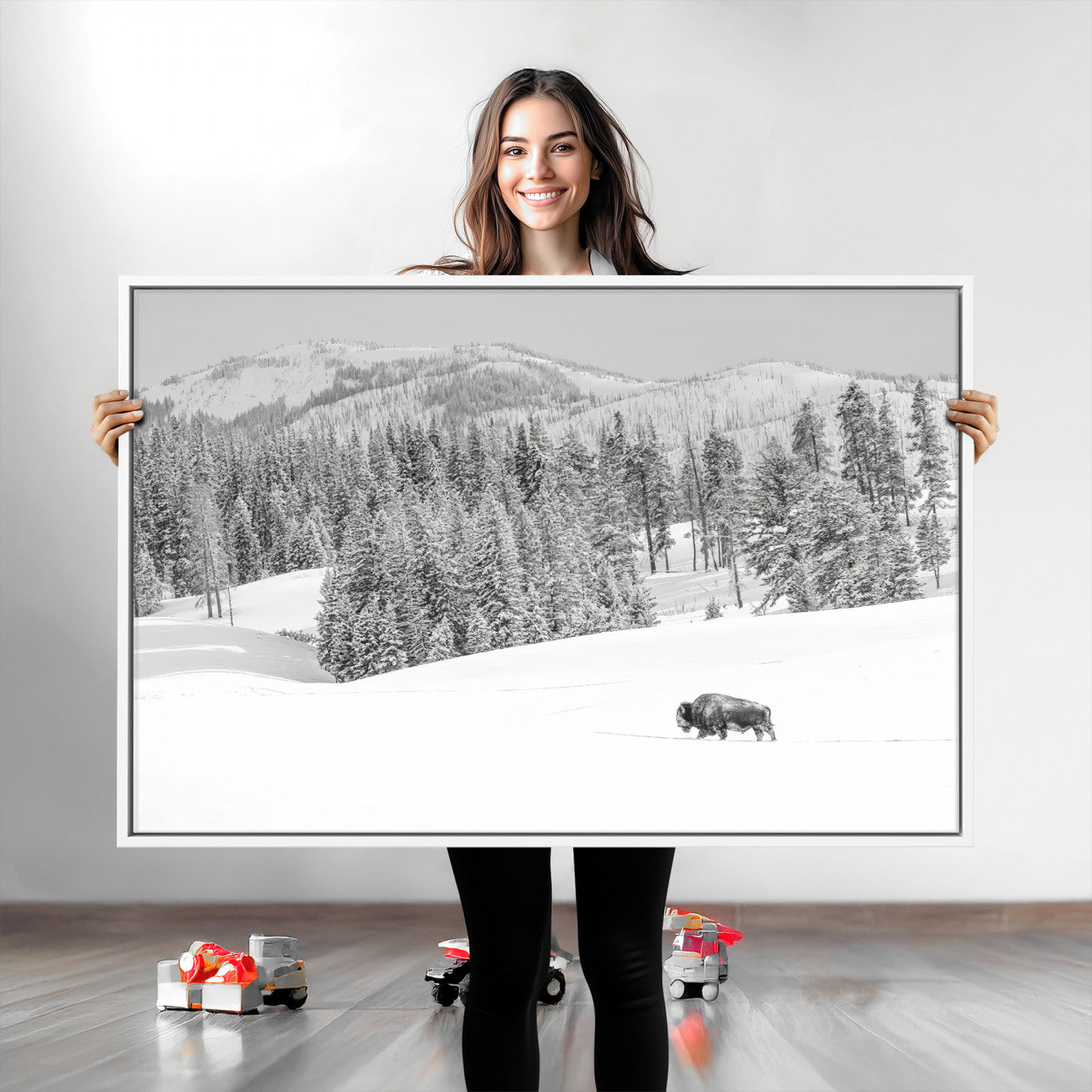 Snowy bison walking through white forest landscape, ideal for monochrome winter or wilderness-style interior wall decoration.