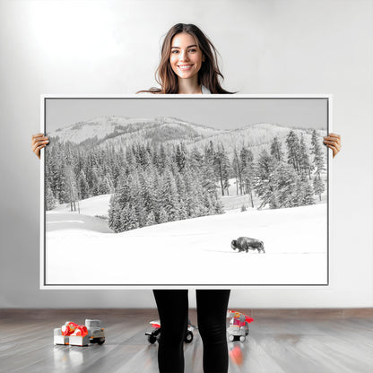 Snowy bison walking through white forest landscape, ideal for monochrome winter or wilderness-style interior wall decoration.
