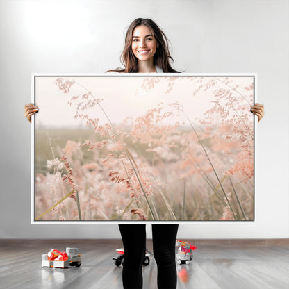 Soft pastel field with wild grasses in warm light, ideal for minimal nature or airy countryside-inspired interior wall decoration.