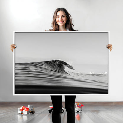 Striking black and white photo of a curling wave, ideal for modern coastal or minimalist wall decor settings.