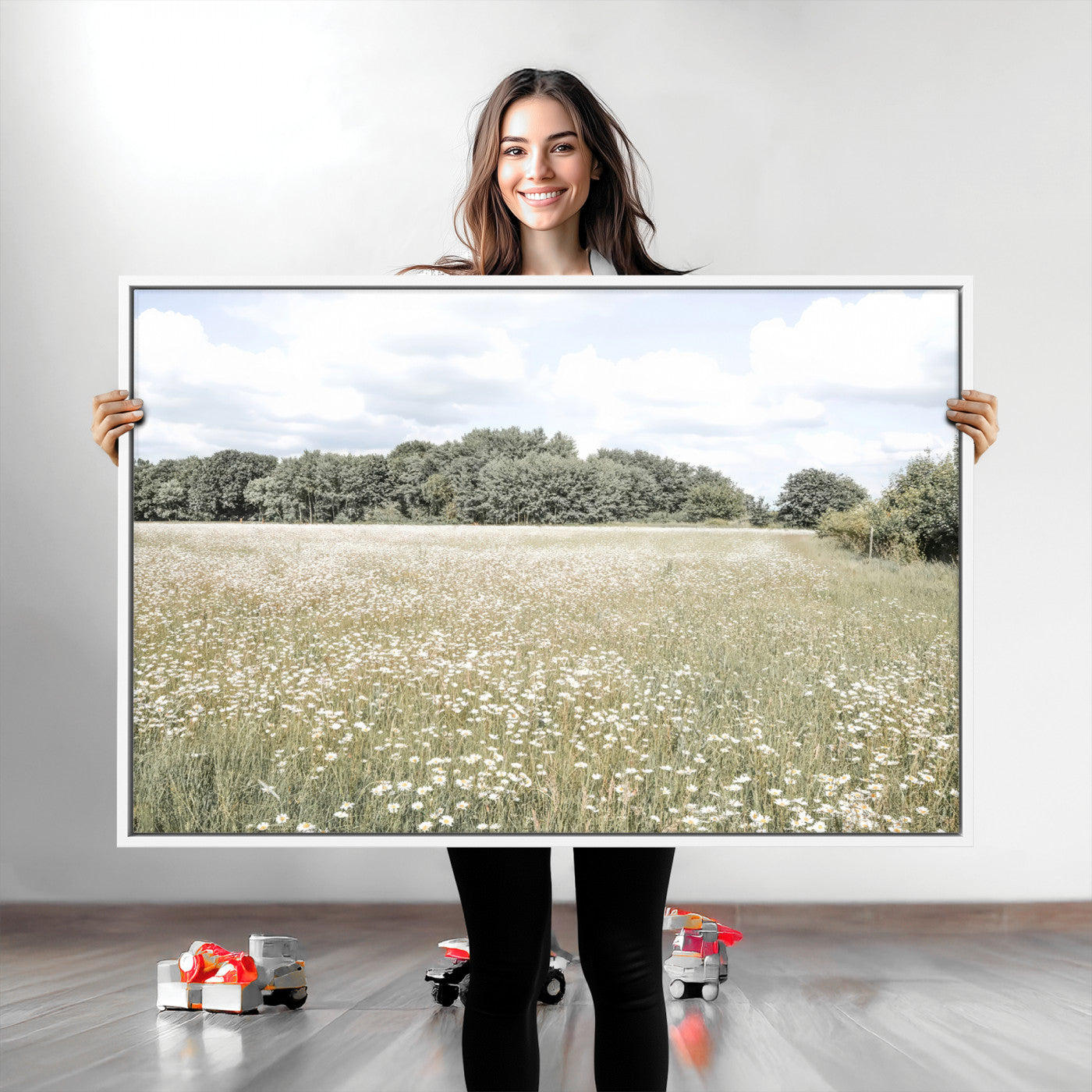 Soft-toned image of a wild daisy field under a cloudy sky, ideal for neutral or Scandinavian-inspired home decor.