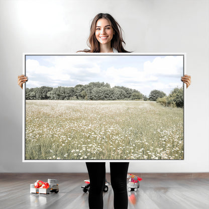 Soft-toned image of a wild daisy field under a cloudy sky, ideal for neutral or Scandinavian-inspired home decor.