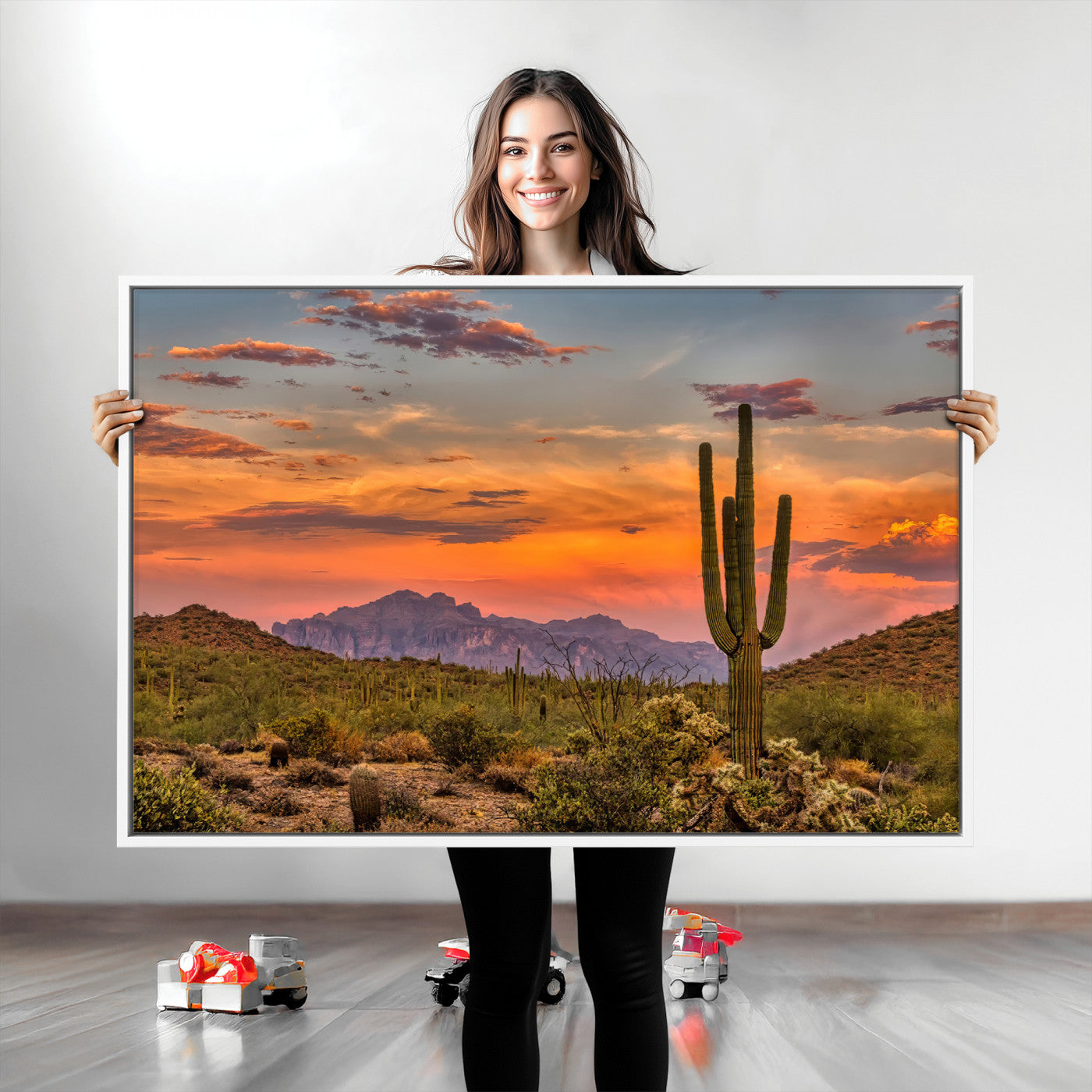 Vibrant desert sunset with saguaro cacti and distant mountains, perfect for Southwestern or warm-toned home decor.