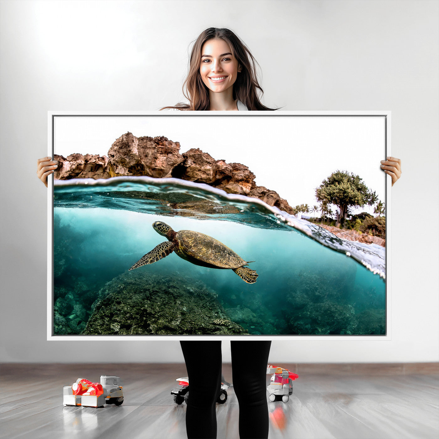 Dynamic split-view photo of a sea turtle swimming near rocky shores, perfect for vibrant coastal or tropical beach home decor.