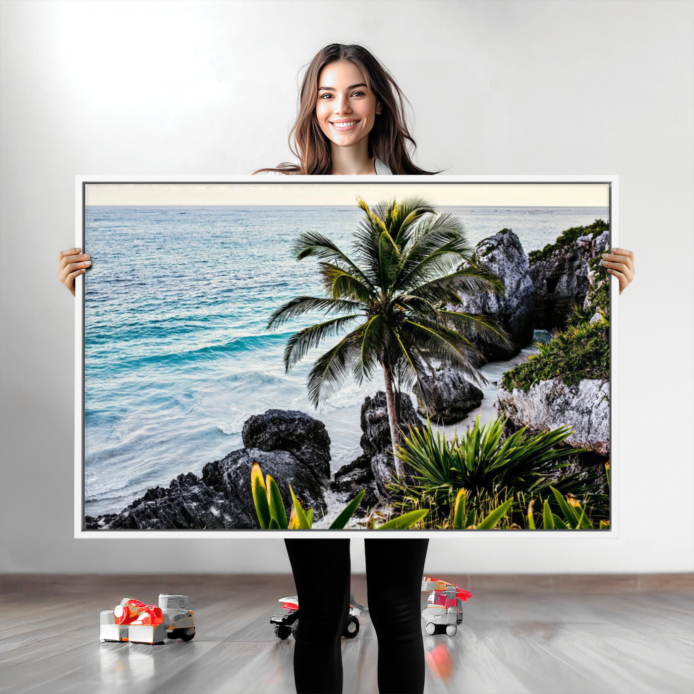 Framed canvas of a vibrant tropical coastline with palm trees, rocky cliffs, and turquoise waters, ideal for tropical coastal home decor.