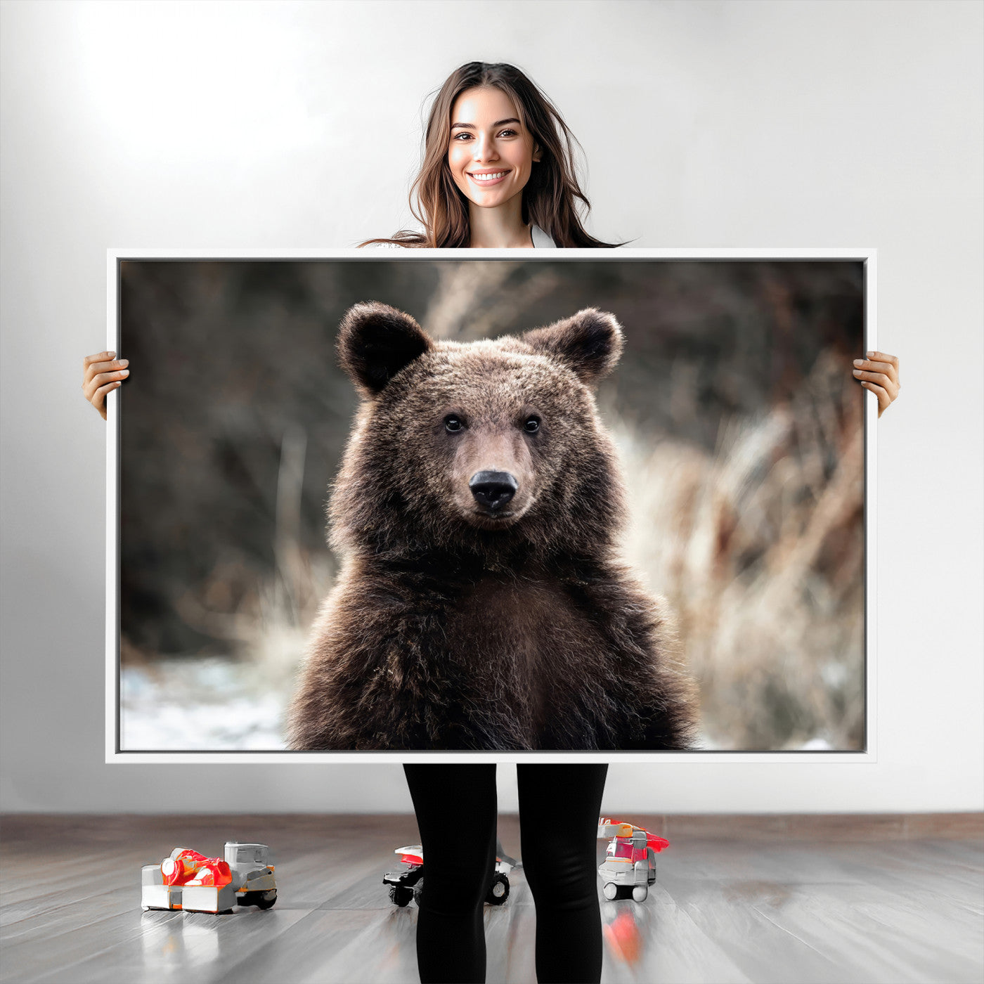 Canvas of a brown bear in soft earthy tones and moody forest light, ideal for rustic cabin or woodland nature-themed home decor.
