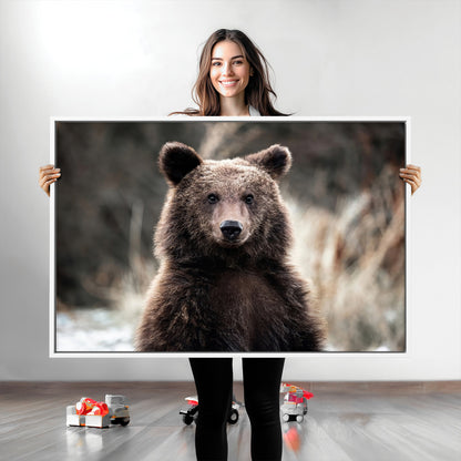 Canvas of a brown bear in soft earthy tones and moody forest light, ideal for rustic cabin or woodland nature-themed home decor.