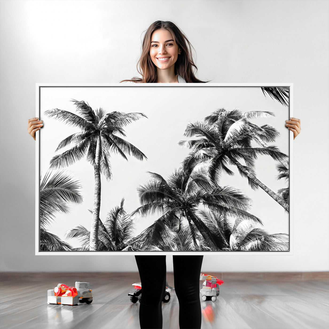 Black and white canvas of tall palm trees in moody tones, perfect for modern tropical minimalist or coastal-style home decor.