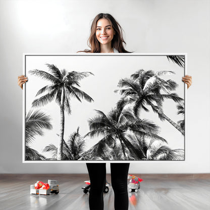 Black and white canvas of tall palm trees in moody tones, perfect for modern tropical minimalist or coastal-style home decor.