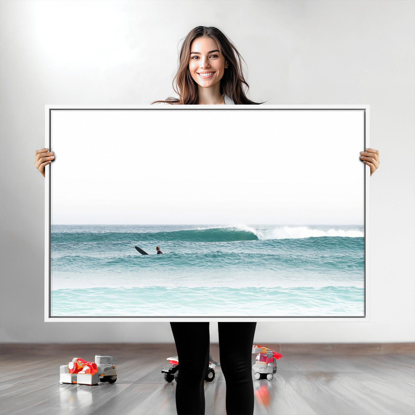 Minimalist photo of a lone surfer on calm aqua waves under bright sky, perfect for Scandinavian coastal or serene ocean-inspired home decor.