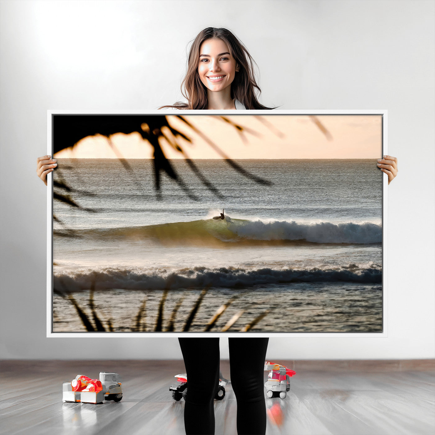 Photo of a surfer riding a golden hour wave at sunset, with tropical tones and dreamy light, perfect for tropical boho or coastal home decor.