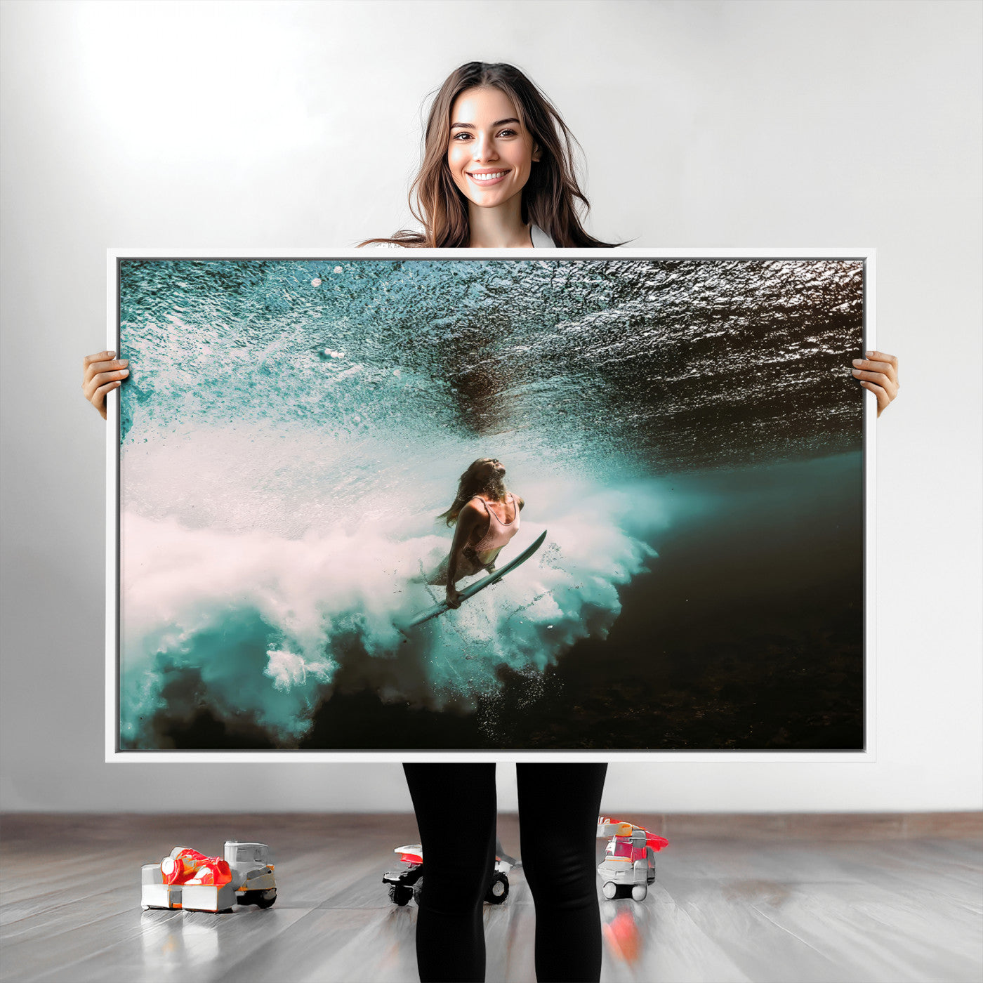 Vibrant underwater photo of a female surfer diving through turquoise waves, perfect for coastal boho or surf-inspired home decor.