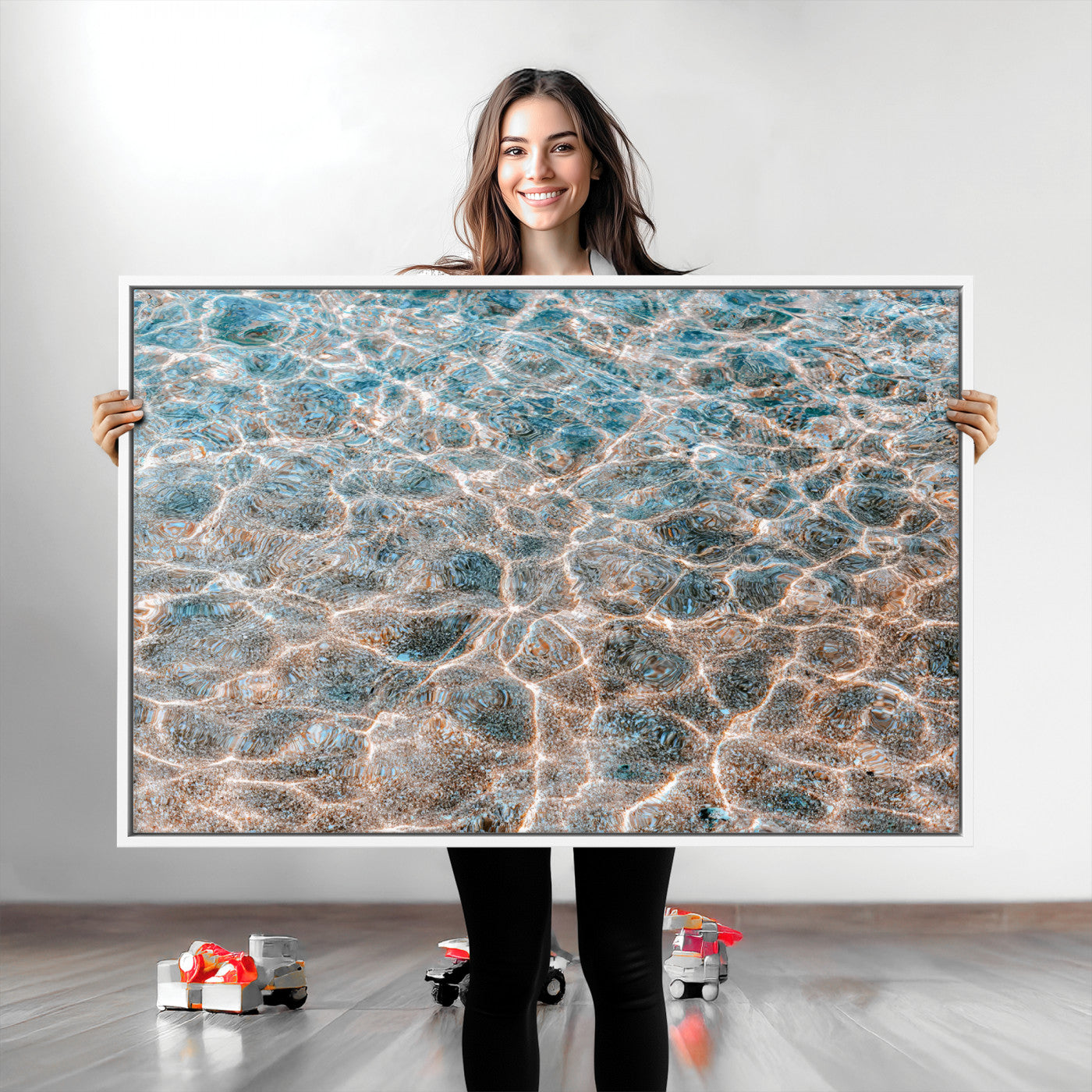 Close-up of sunlit ocean ripples with aqua blue and golden tones, ideal for modern coastal or minimalist home decor.