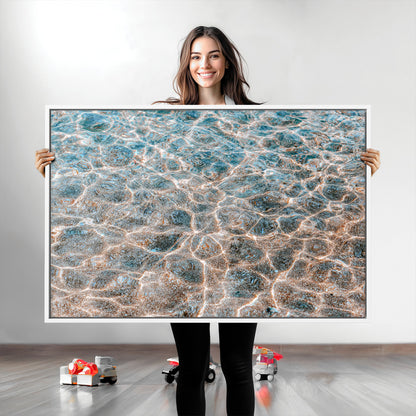 Close-up of sunlit ocean ripples with aqua blue and golden tones, ideal for modern coastal or minimalist home decor.