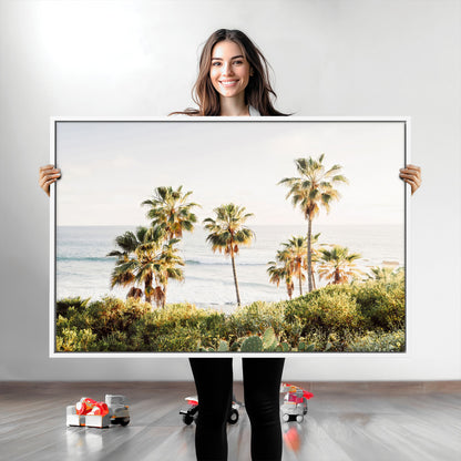 Framed print of sunlit palm trees on the California coast with warm tones, perfect for coastal minimalist or beach-style home decor.