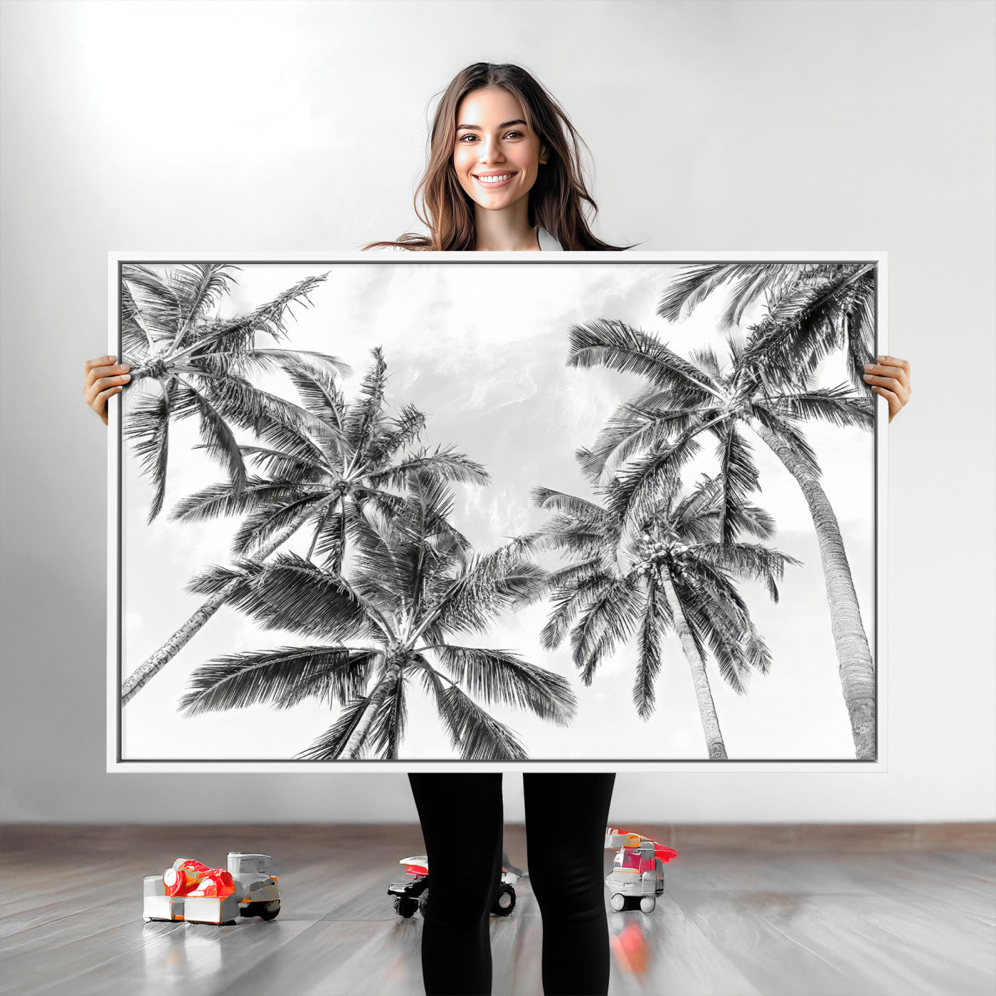 Black and white tropical palm trees viewed from below, swaying gently against a bright sky, creating a serene and elegant coastal atmosphere.