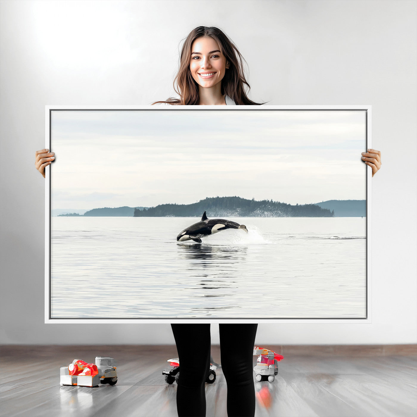 An orca jumping out of calm ocean waters with a misty island in the background, creating a serene and minimalist marine wildlife scene.