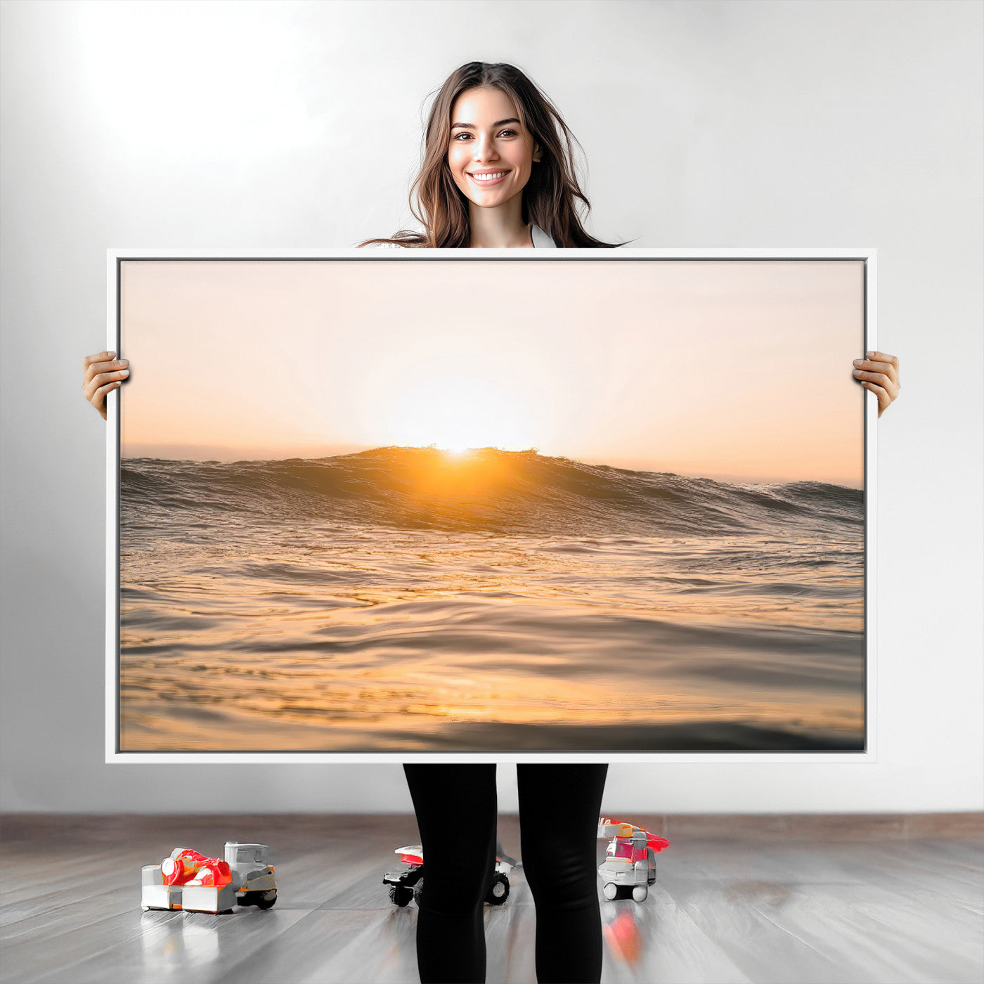 Ocean waves glowing under a warm golden sunset, reflecting soft light and calm movement, perfect for warm minimalist coastal interiors.