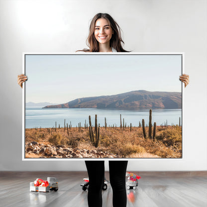 Warm desert landscape with cacti and coastal mountains, perfect for southwestern or earthy calm-themed home wall decor.