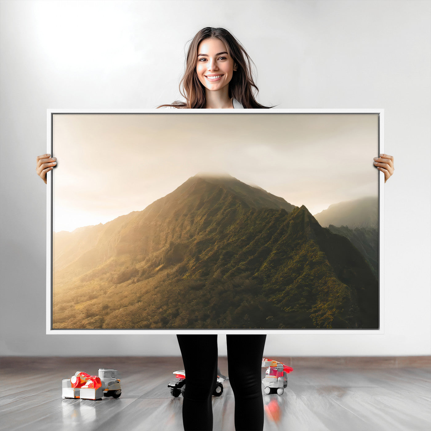 Sunlit mountain peak with mist rolling over its rugged slopes, bathed in golden light, creating a warm and tranquil nature-inspired scene.