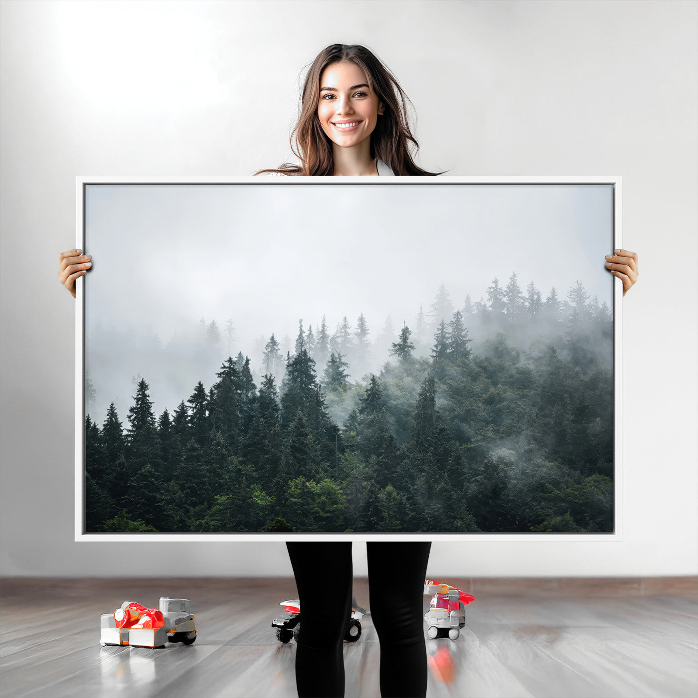 A misty evergreen forest shrouded in soft fog, creating a tranquil and moody landscape with lush green trees fading into the distance.