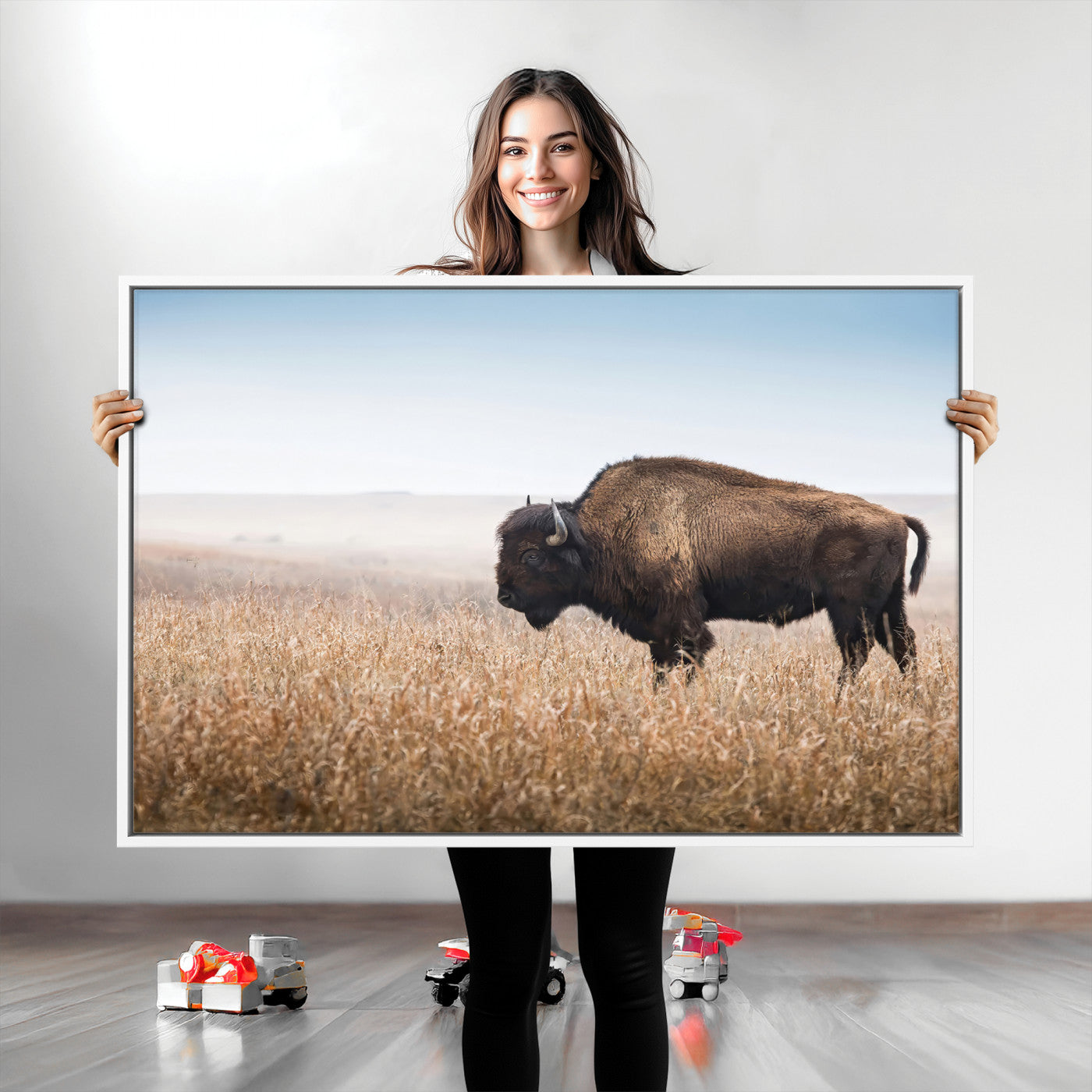 A majestic bison standing in an open prairie field, its strong form blending into the golden grass under a vast blue sky, evoking the wild spirit of the American plains.