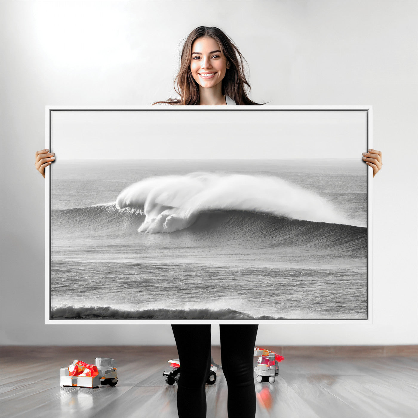 A dramatic black and white ocean wave crashing with immense force, capturing the raw power and movement of the sea in a bold seascape.