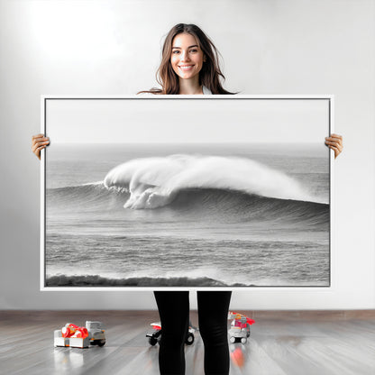 A dramatic black and white ocean wave crashing with immense force, capturing the raw power and movement of the sea in a bold seascape.