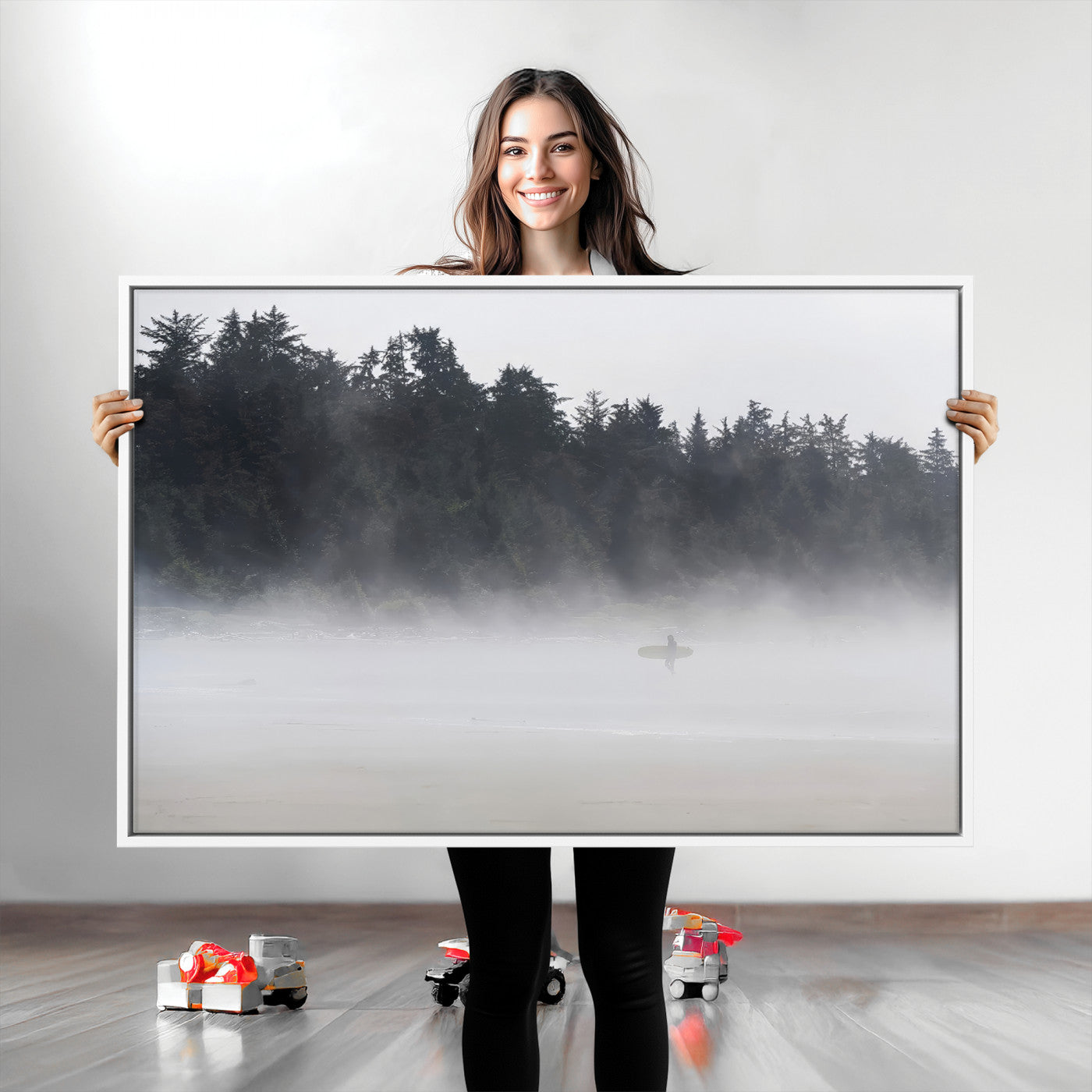 A lone surfer carrying a board through a misty shoreline, surrounded by dense trees and fog, creating a peaceful and mysterious coastal scene.