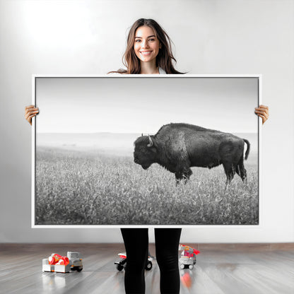 A black and white photograph of a majestic bison standing in a vast grassy prairie, evoking a sense of wilderness and strength.