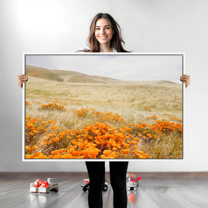 A golden field with vibrant orange poppies blooming across rolling hills under a soft, sunlit sky, creating a warm and rustic landscape.