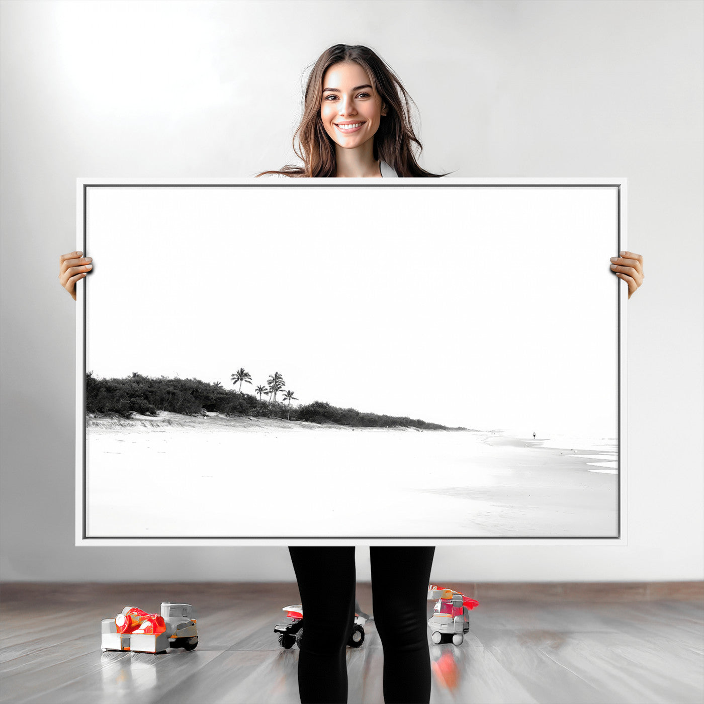 A black and white minimalist coastal scene with a vast open beach, distant palm trees, and a lone figure walking along the shoreline, evoking serenity and solitude.