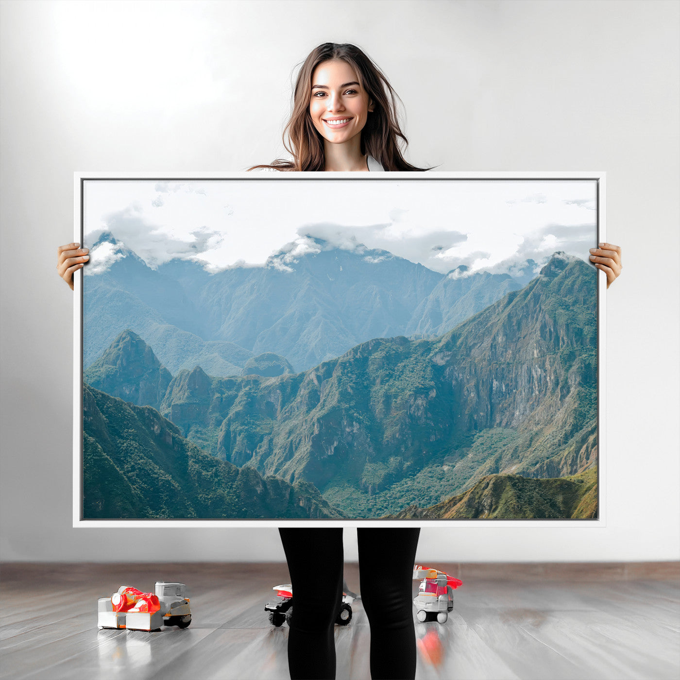 A misty mountain landscape with cloud-covered Andean peaks and lush green valleys, creating a dramatic and serene view, perfect for rustic or nature-inspired home decor.