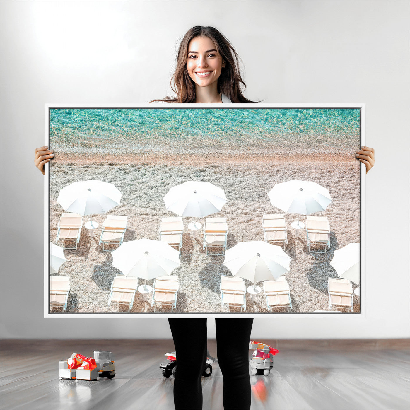 A bright beach scene with white umbrellas, pastel sand, and turquoise waters, creating a tranquil coastal vibe, perfect for beach house or summer decor.