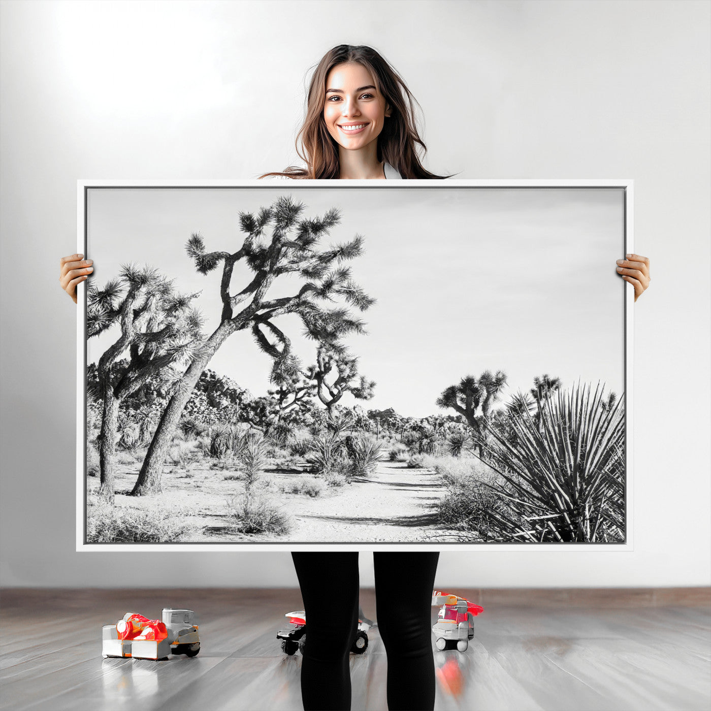 Canvas of a Joshua Tree forest in black and white tones, featuring a desert path and spiky vegetation, ideal for minimalist or rustic decor.