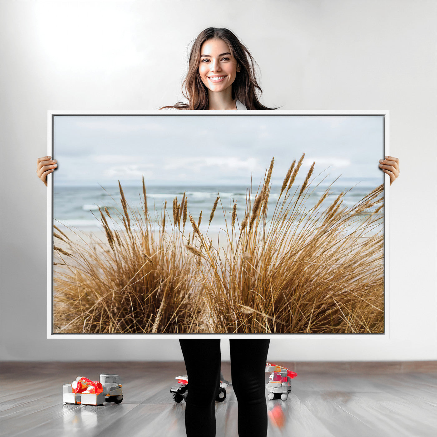 Canvas of golden beach grass swaying by the ocean under a soft cloudy sky, perfect for neutral-toned or coastal minimalist decor.