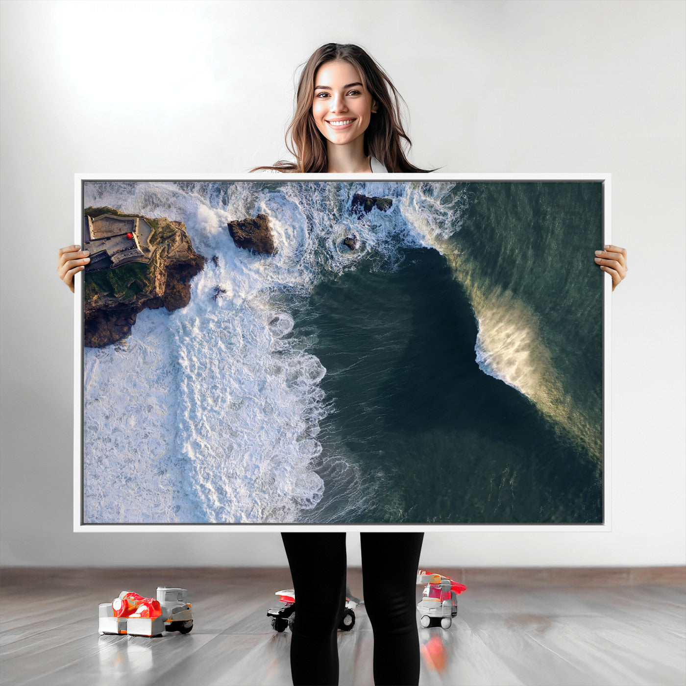 Canvas showing an aerial view of crashing waves along the Nazaré coastline, perfect for dramatic coastal or ocean-themed home decor.