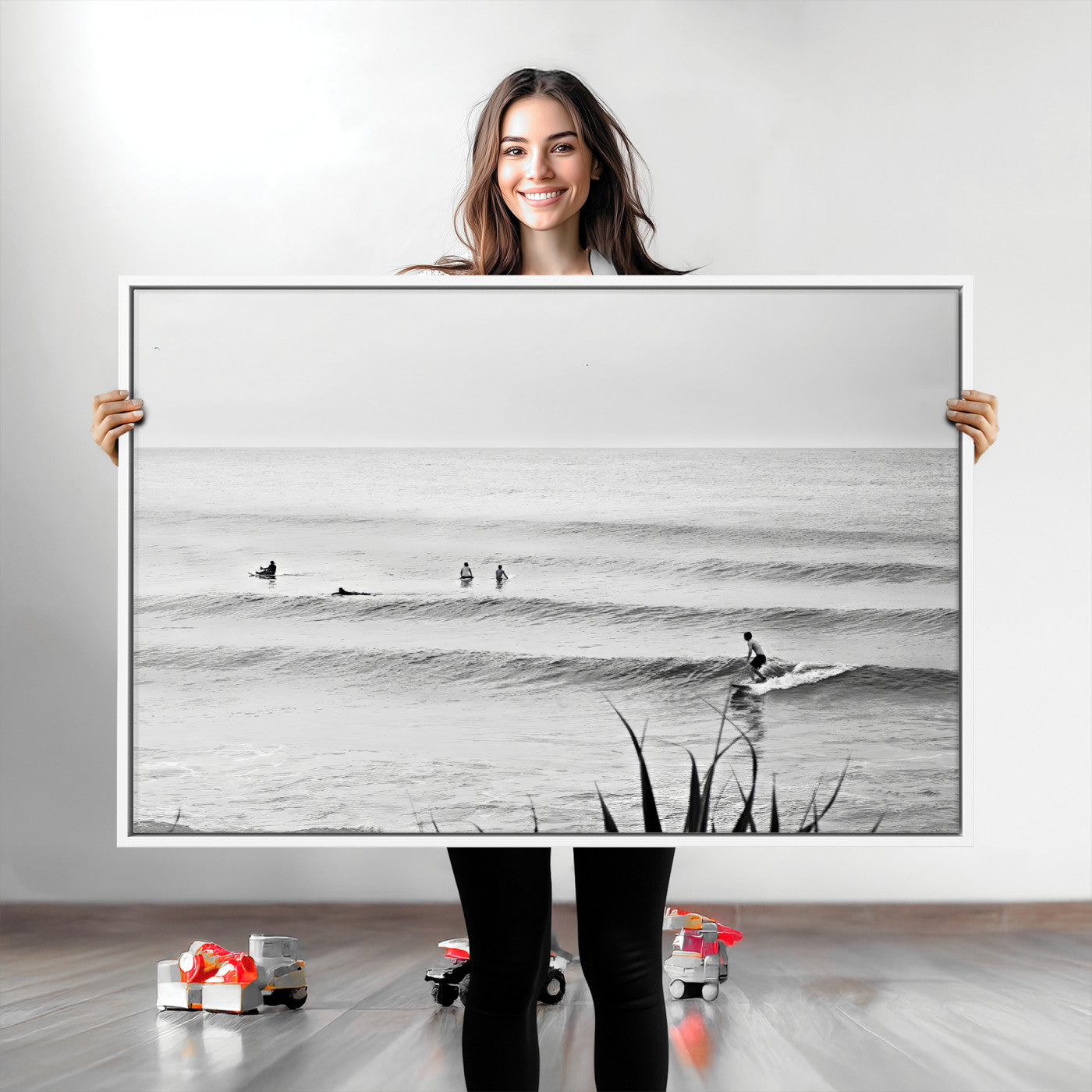 Monochrome canvas of surfers on calm ocean waves, ideal for minimalist coastal or beach-inspired interior decor.