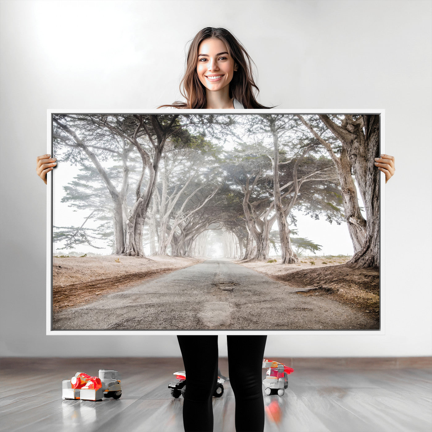 Canvas of a misty tree tunnel with arching cypress trees and an earthy road, ideal for rustic or coastal nature decor.