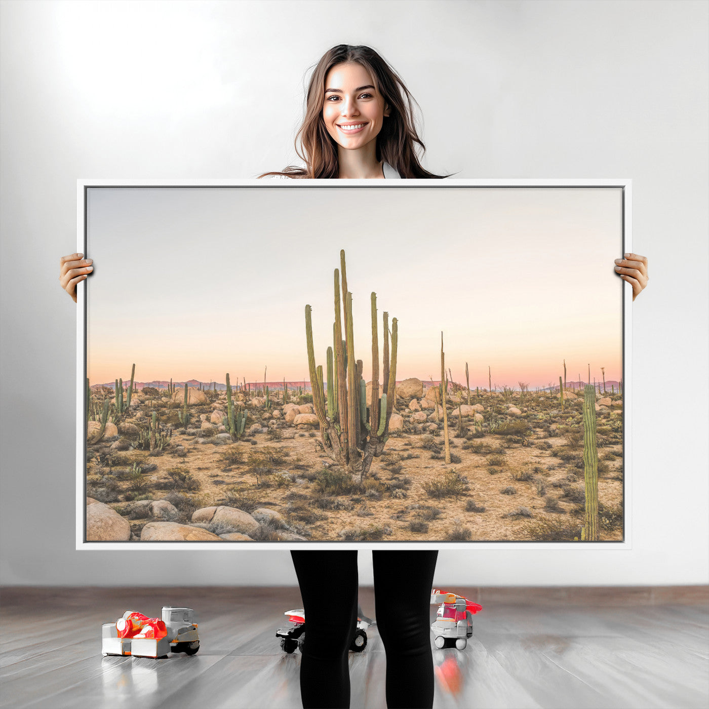 Canvas of tall desert cacti in warm sunset tones over a rocky Baja landscape, ideal for earthy or Southwestern-style home decor.