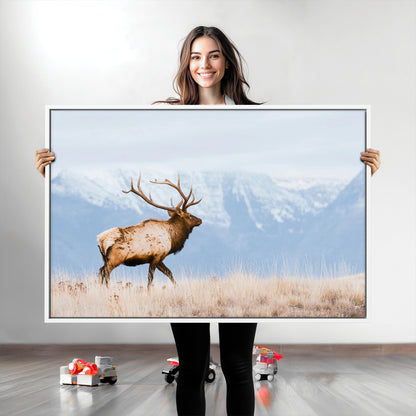 An elk walking on snowy grassland with majestic mountains in the background, ideal for rustic lodge or cabin wall decor.