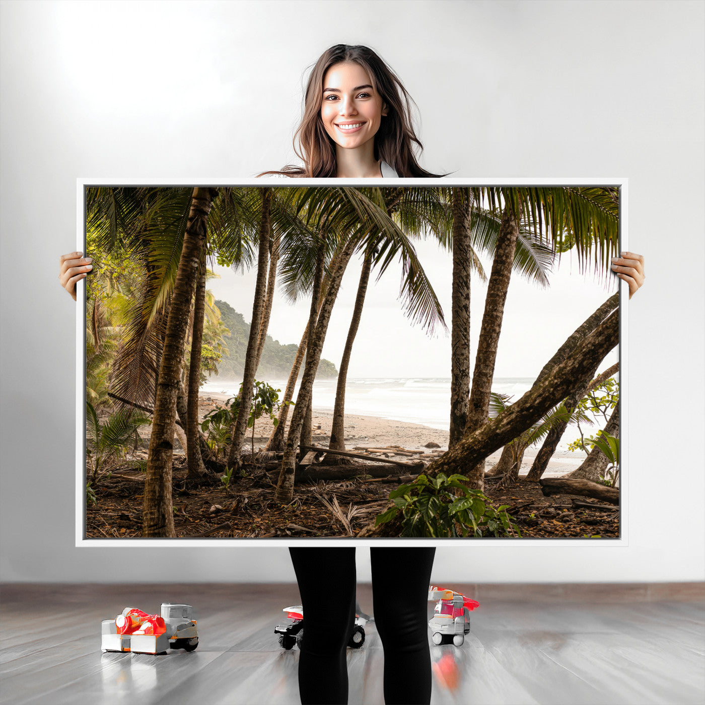 Dense tropical palm trees framing a sandy beach and ocean shore, ideal for jungle or coastal themed interior wall decor.