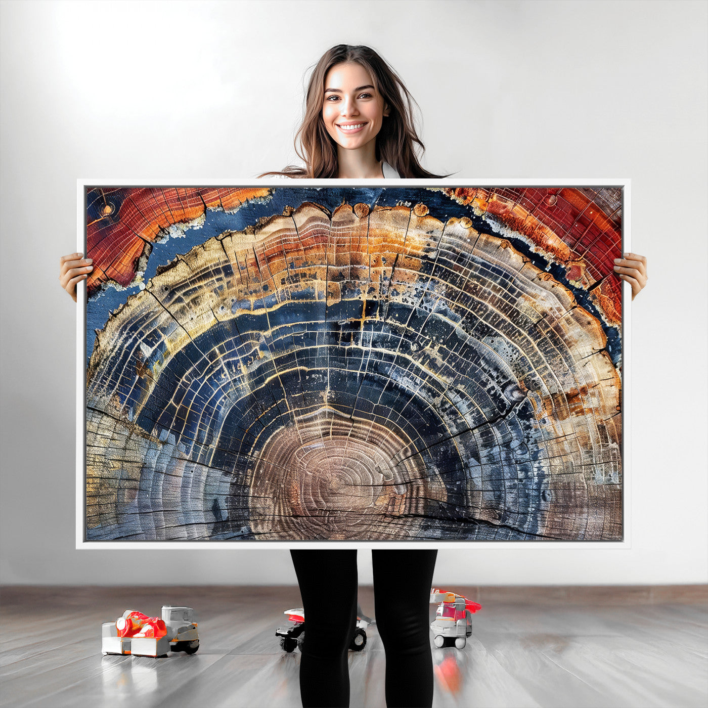 Vibrant tree ring with orange, brown, and blue tones in abstract detail, perfect for rustic or boho-inspired wall decor.