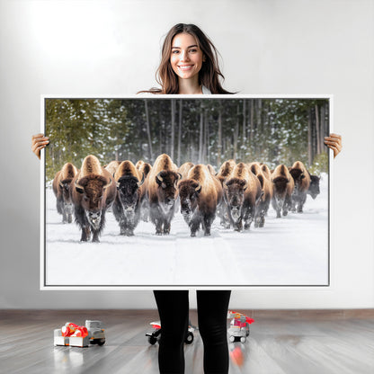 A herd of American bisons walking through a snowy forest path, perfect for rustic cabin or Western-themed wall decor.